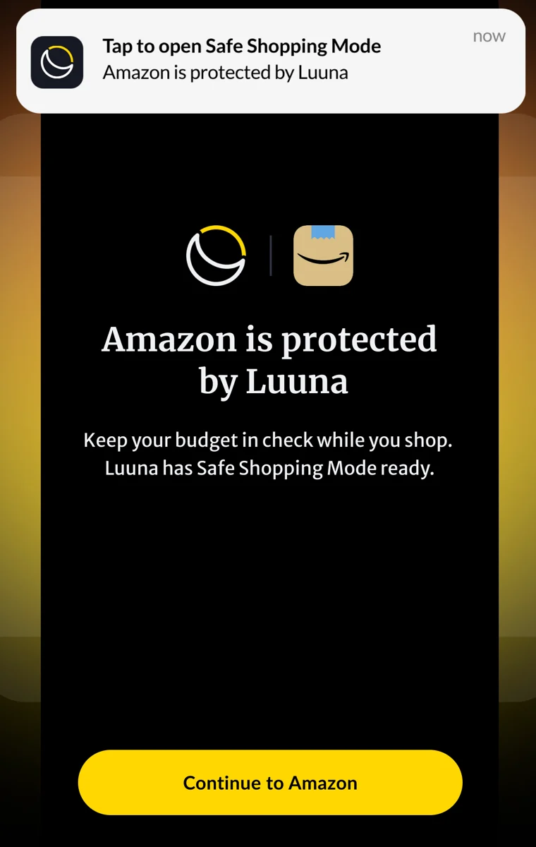 Luuna's lock screen for Amazon: Amazon is protected by Luuna, with a button to continue in Safe Shopping Mode