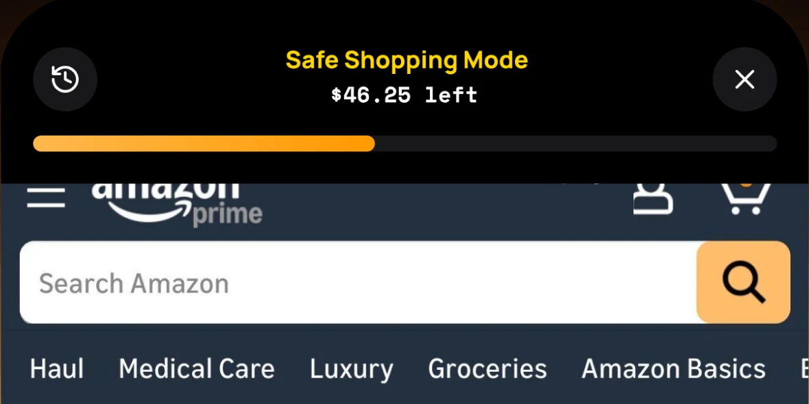The top of Luuna's Safe Shopping Mode on Amazon: a gold bar showing $46.25 left this week above the Amazon search bar