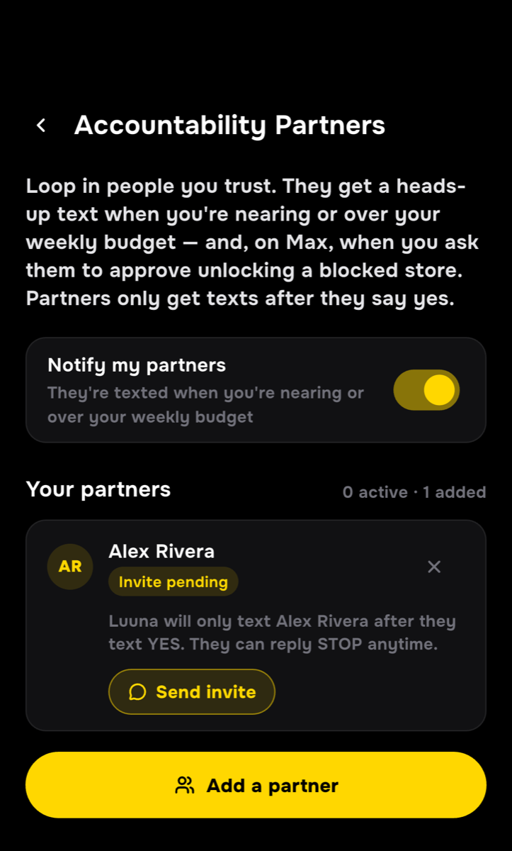 Luuna app screen for adding an accountability partner