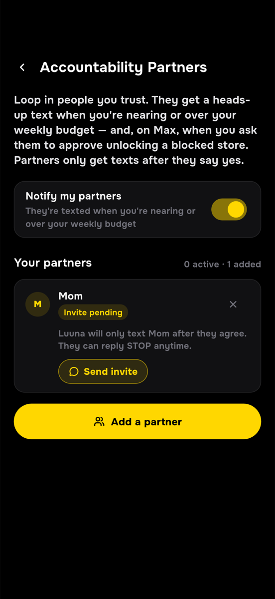 Luuna app screen for adding an accountability partner