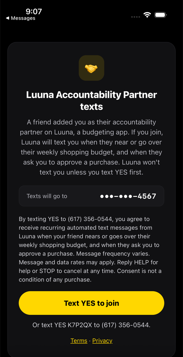 Luuna invite page with the program terms and a Text YES to join button