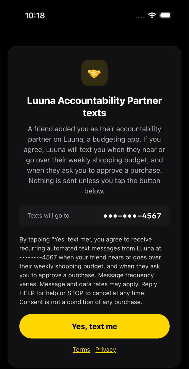 Luuna partner opt-in page with consent wording and the Yes, text me button